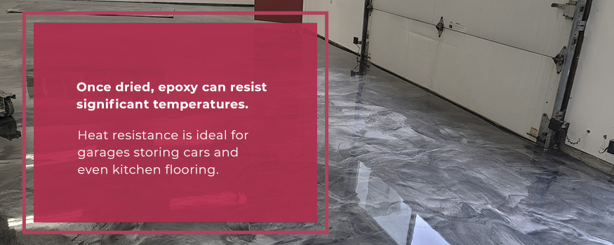 Dried epoxy floor coating with metallic hint