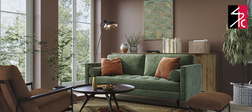 Green couch and brown wall of interior home